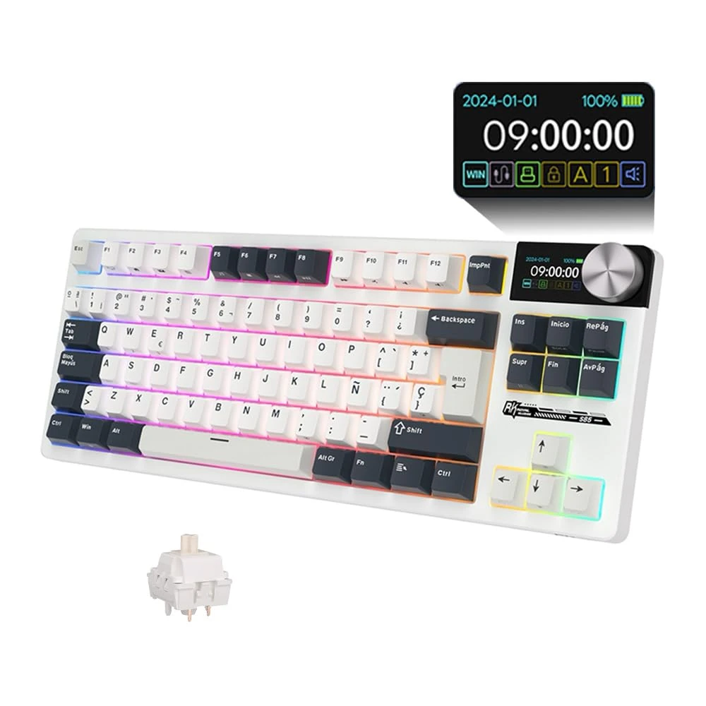 RK ROYAL KLUDGE S85 -ISO-ES. -Wireless Mechanical Keyboard with LCD Display. -Bluetooth/2.4G/USB-C. -Top Mount 80%. Hot-Swappable.- RGB Lighting. -Model White Night/Switch Beige.(Brown).