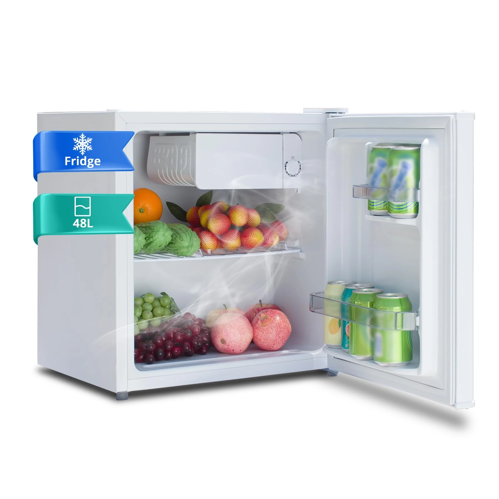 SMETA Small Fridge 48L Table Top Mini Fridge with Reversible Door & Chiller Box, 6-Level Adjustable Thermostat, 39 dB - Perfect for Office & Bedroom, Energy Efficient, White