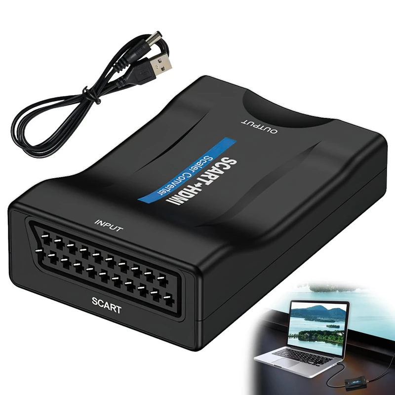 Fogbush Scart to H—DMI Converter, Scart to H-DMI Adapter 720P/1080P Switch Converter Adapter with 1M USB Power Cable for PS1 PS2 PS3 Old DVD Player TV HD Monitor Projector VHS Sky Blu-Ray