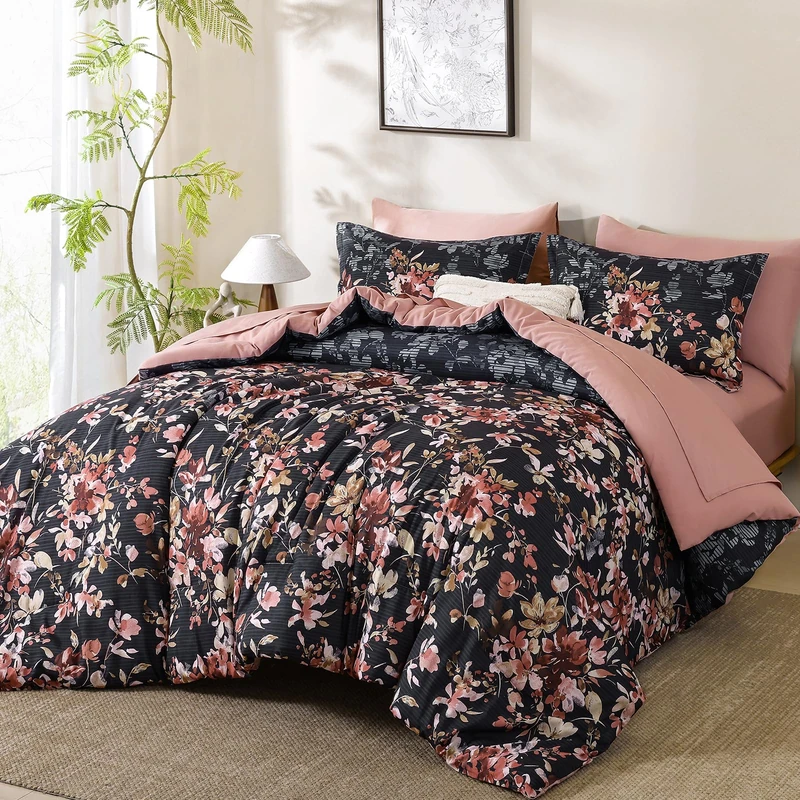 Dobuyly Queen Comforter Set, 7 Pieces Navy Blue Floral Comforter Set, Bed in a Bag Queen with Botanical Flowers Pattern, All Season Queen Size Bedding Set with Sheets, Pillowcases & Shams