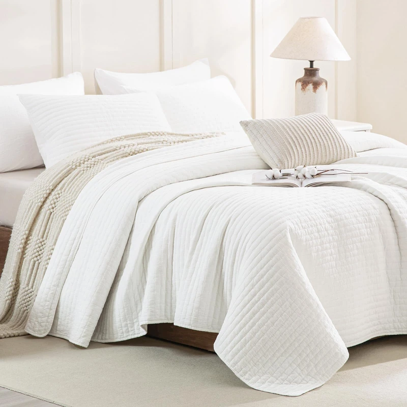 CozyTide Queen Size Quilt(90"x98"),100% Stone-Washed Cotton Lightweight Quilt Bedding Set White Breathable Bedspreads & Coverlets for All Season 3Pcs (1 Soft Quilt and 2 Pillowshams)