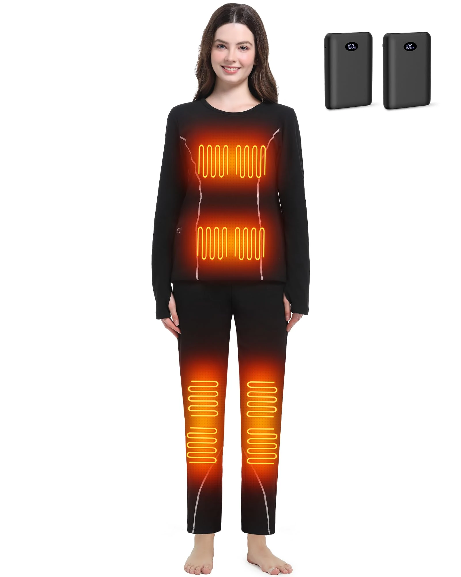 FERNIDA Womens Heated Underwear Set, Breathable Crew Neck Long Sleeved Heated Base Layer Tops & Bottoms for Skiing Sport Yoga, L Black