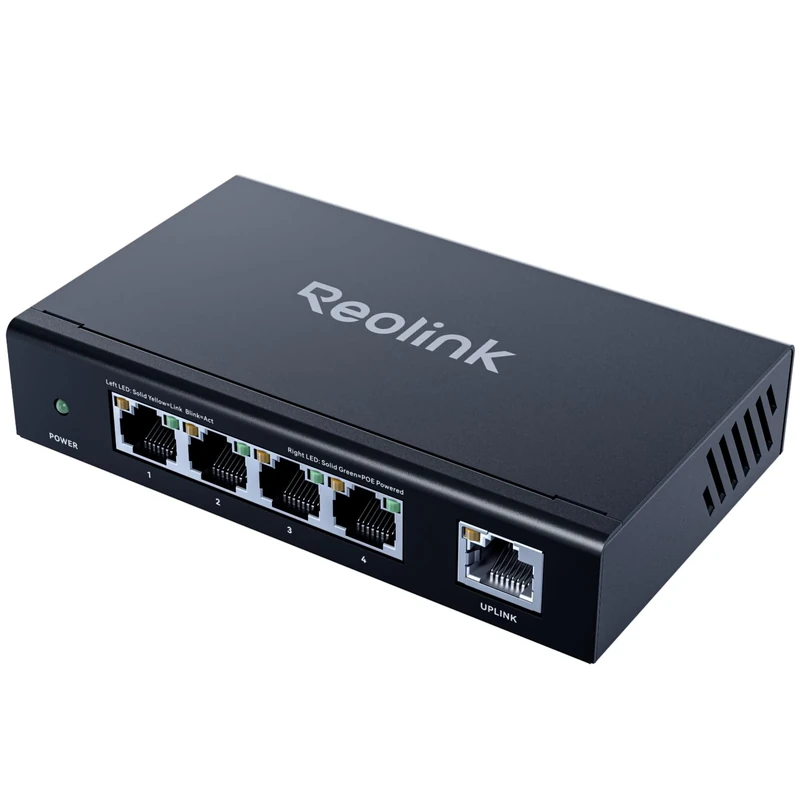 Reolink High speed and Stability 4+1-Port PoE Switch with 65W Adaptor for Home & Business, with Metal Housing, Wall/Desktop Mount, IEEE 802.3af/at Model RLA-PS1E