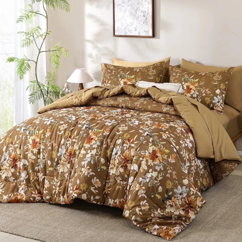 Dobuyly Queen Comforter Set, 7 Pieces Brown Floral Comforter Set, Bed in a Bag Queen with Botanical Flowers Pattern, Fall Queen Size Bedding Set with Sheets, Pillowcases & Shams