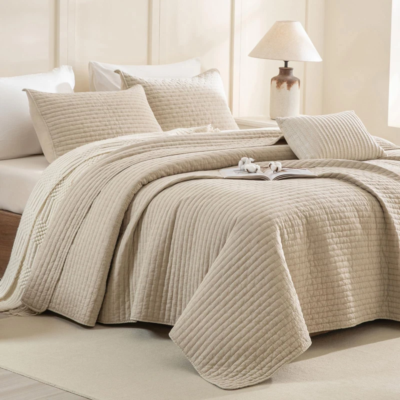 CozyTide Stone-Washed Cotton Queen Quilt(90"x98"),Wheat Stitching Queen Quilt Bedding Set Lightweight Modern Bedspreads & Coverlets for All Season 3Pcs (1 Soft Bedspread and 2 Pillowshams)