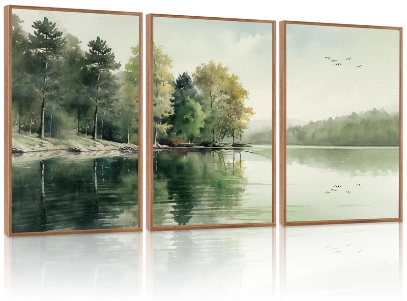KAIRNE Framed Nature Canvas Wall Art Set,Misty Forest Wall Decor,Art Green Mountain Forest Pictures,Lake Water Painting Set of 3(16”x24”),Landscape Scene Print for Living Room, Bedroom, Gallery Decor