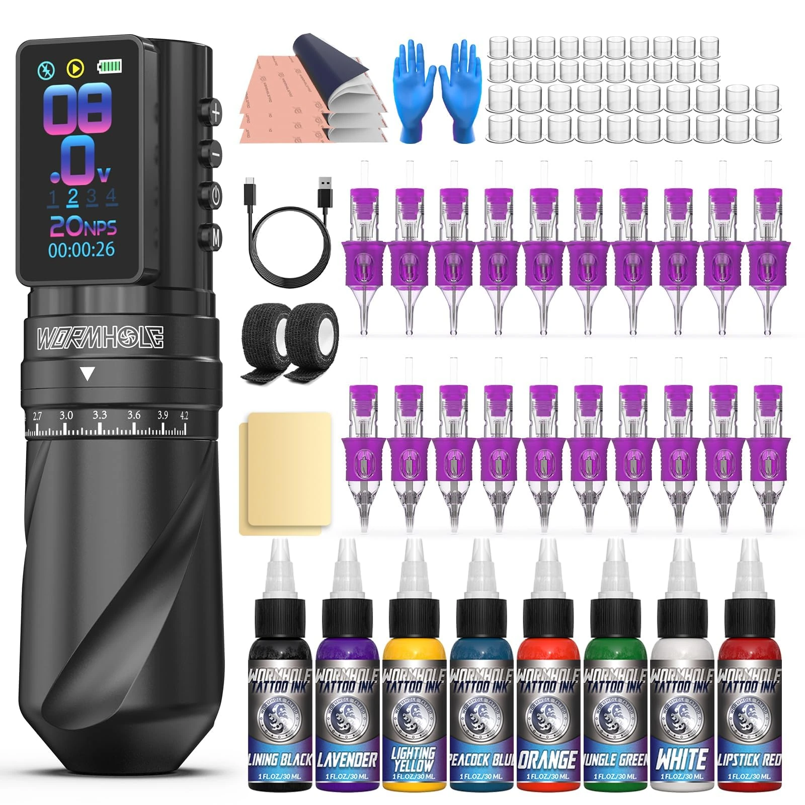 Wormhole Tattoo Gun Kit Tattoo Kit with 7 Adjustable Stroke 2,300mAh Power Wireless Tattoo Machine with Normal/Jump-Start/Dot Working Mode with LED Digital Display for Tattoo Artist WTK381