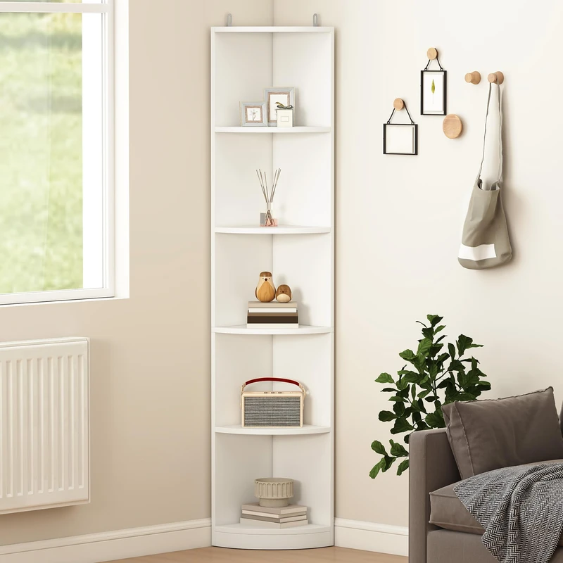 DWVO 5-Tier Corner Bookshelf, Modern Freestanding Shelf Unit, Open Storage Display Bookcase for Living Room, Home Office, Bedroom, Study - White, 30x30x180cm