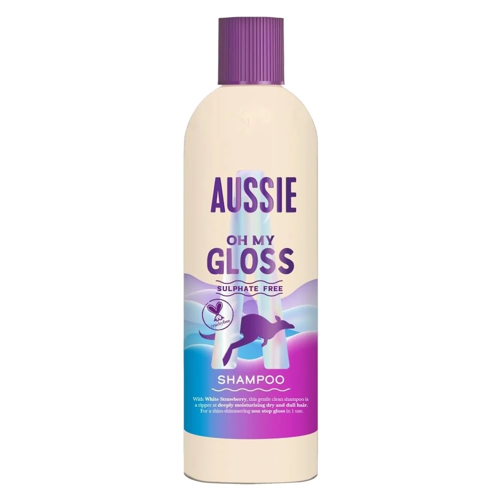 Aussie Oh My Gloss Shampoo 300ml, deeply Moisturises Dry and Dull Hair, infused with Australian White Strawberry, sulphate-Free Formula, for Instantly Shinier and Glossy Hair, vegan and Cruelty-Free