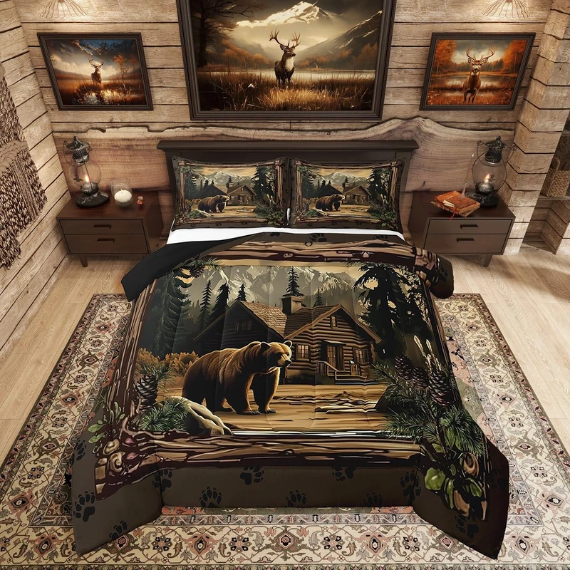 Erosebridal Rustic Cabin Bedding Sets King Hunting Wild Bear Comforter Set Country Farmhouse Lodge Down Comforter for Kids Boys Adults Men Retro Woodland Mountain Pine Tree Leaves Quilt Duvet