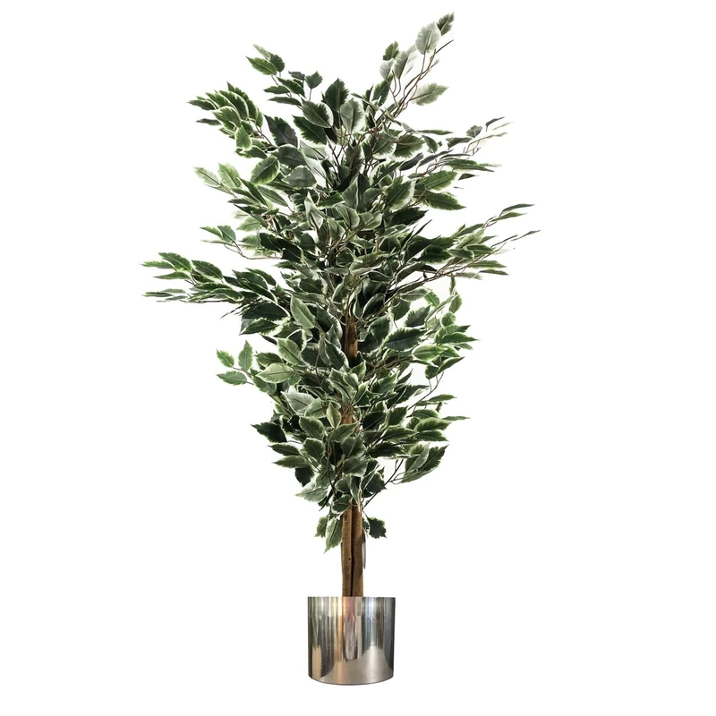 Leaf Artificial Ficus Tree/Plant with Metal Planters, Green, 130cm