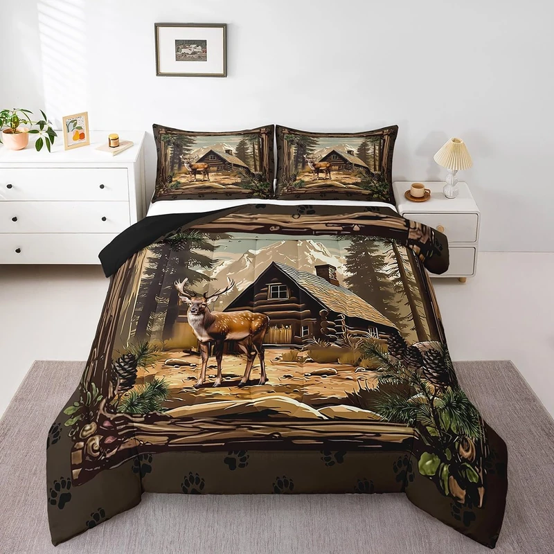Erosebridal Retro Deer Comforter Set Lodge Cabin Country Bedding Sets Queen Rustic Farmhouse Wildlife Down Comforter for Kids Boys Adults Men,Woodland Hunting Animal Quilt Duvet 3 Pcs