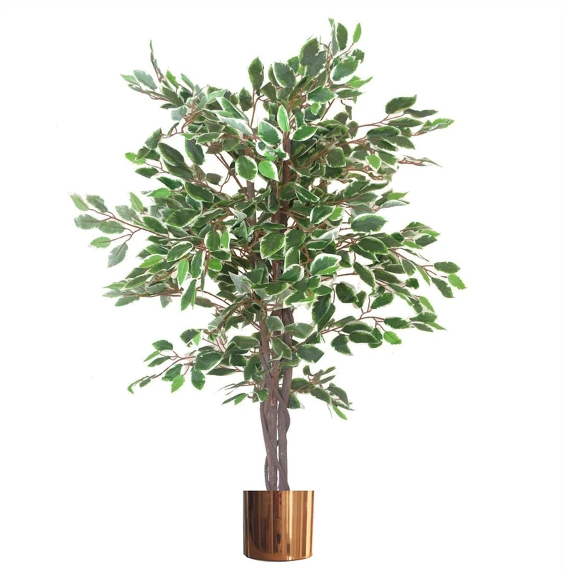 Leaf Artificial Ficus Tree/Plant with Metal Planters, Green, 130cm