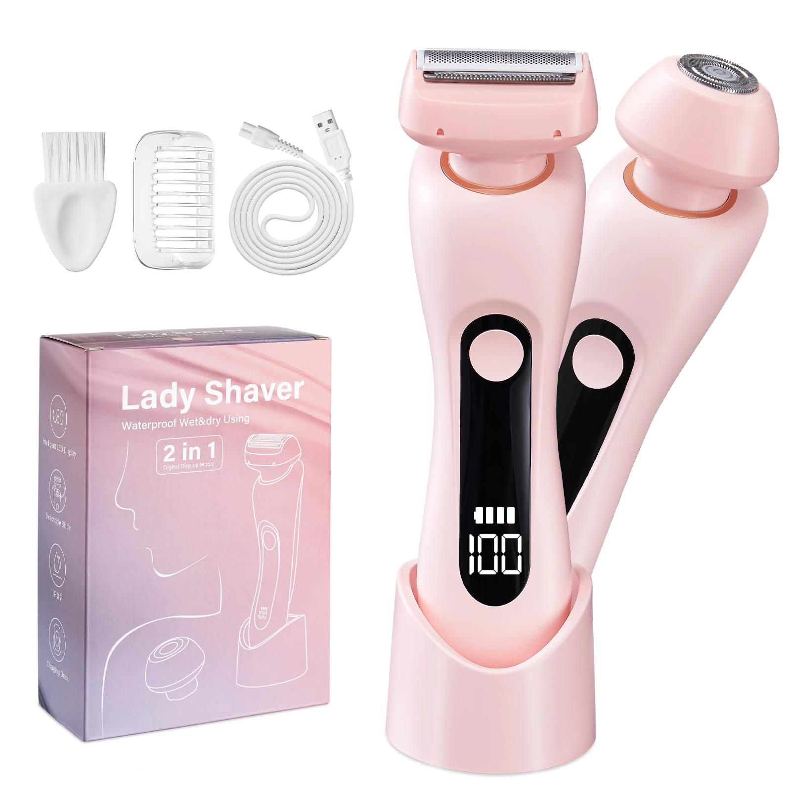 Lady Shavers for Women Bikini Trimmer: 2 in 1 Electric Razors Women Facial Hair Remover Epilator IPX7 Wet & Dry - USB Rechargeable Painless Women Body Shaver for Face, Legs, Underarm & Intimate Areas