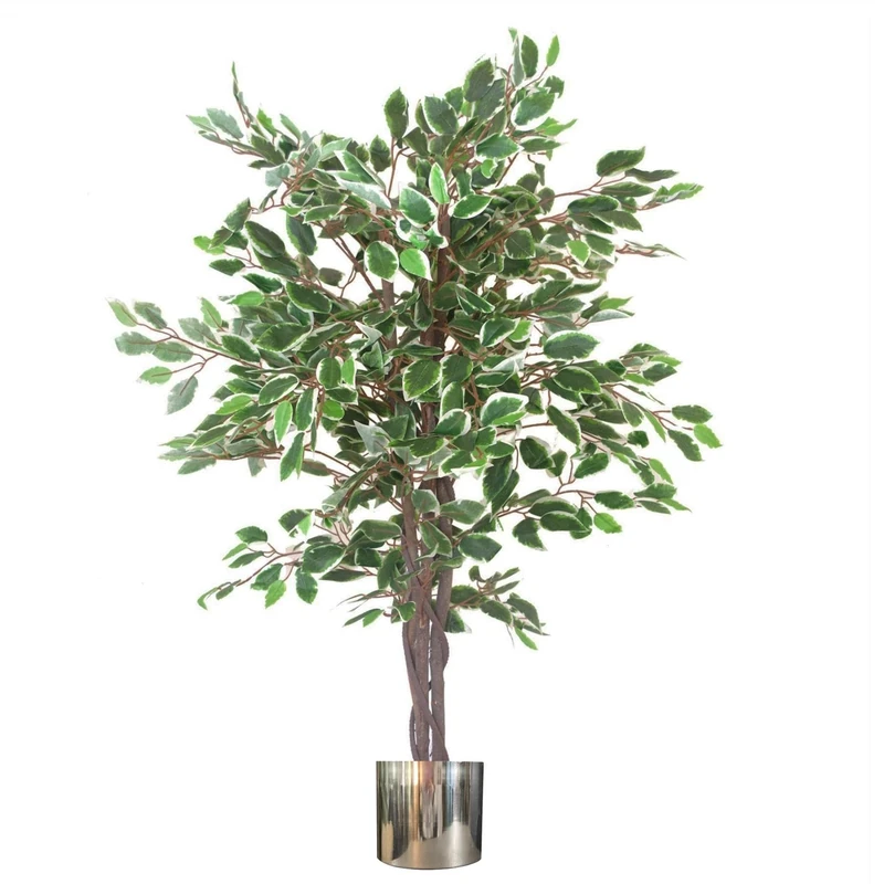 Leaf Artificial Ficus Tree/Plant with Metal Planters, Green, 130cm