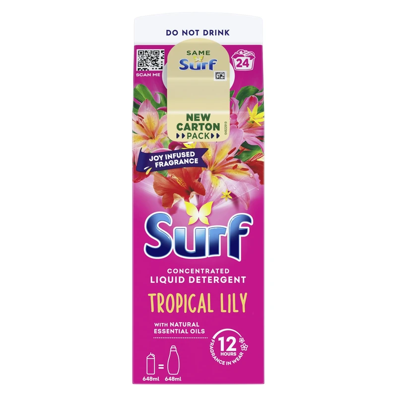 Surf Tropical Lily Laundry Washing Liquid Detergent with a joy-infused fragrance & natural essential oils lasting up to 12 hours in wear for brilliantly clean results 24 washes 648 ml