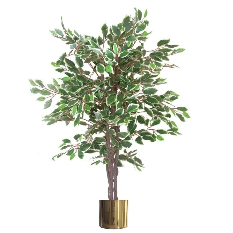 Leaf Artificial Ficus Tree/Plant with Metal Planters, Green, 130cm
