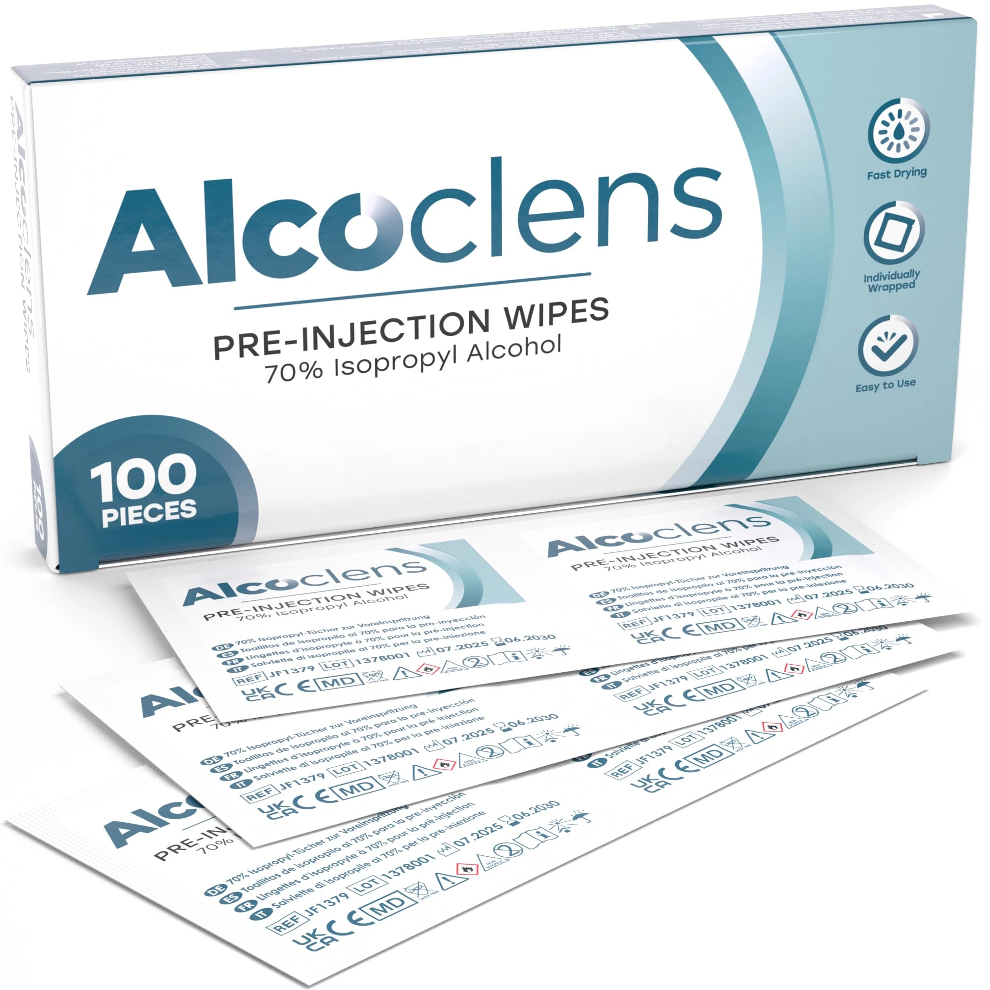 Alcoclens Pre-Injection Alcohol Wipes/Swabs Box of 100 Sachets