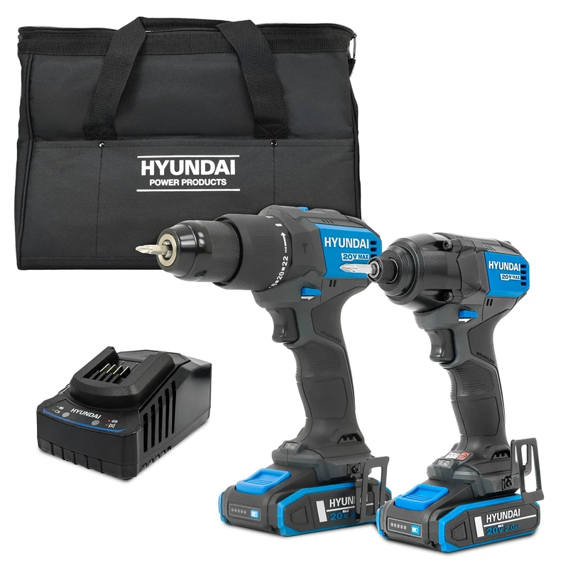 Hyundai 20V Cordless Drill Set, 60Nm Hammer Drill and 230Nm Impact Driver, Brushless Kit with 2X 2.0Ah Batteries, 2A Charger