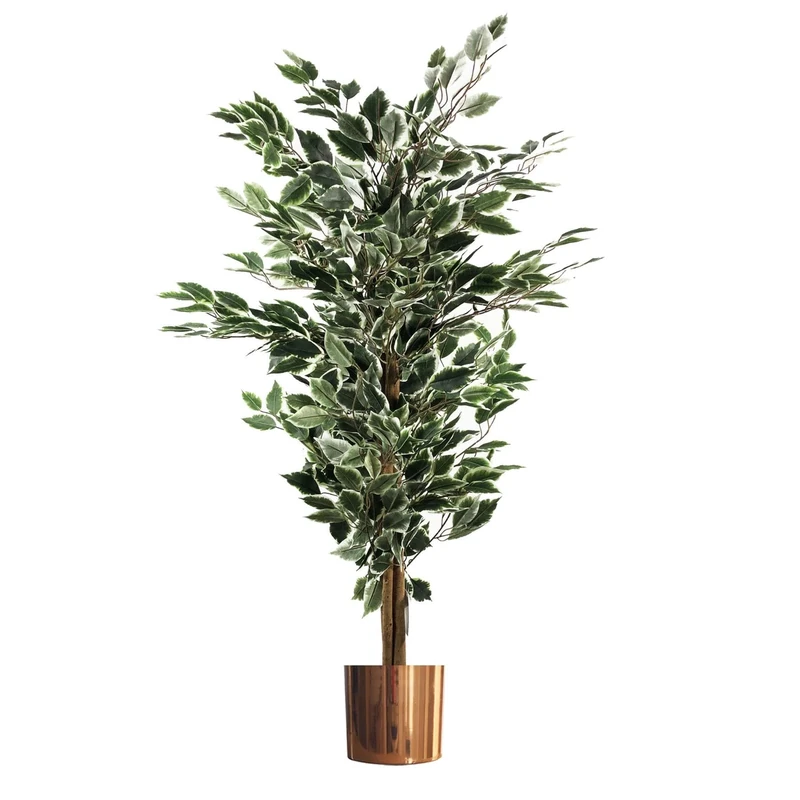 Leaf Artificial Ficus Tree/Plant with Metal Planters, Green, 130cm
