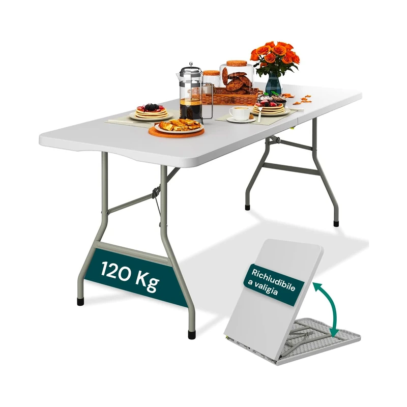Avilia - Space-Saving Folding Dining Table for Kitchen and Living Room, Foldable and Portable with Safety Lock, HDPE Surface for 6 People, 180 x 70 x 74 cm, White