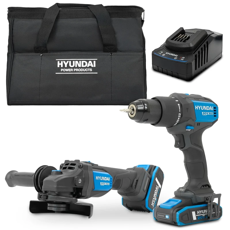 Hyundai 20V Cordless Tool Kit, Brushless Hammer Drill 60Nm, 115mm Angle Grinder, 2.0Ah & 4.0Ah Batteries, Charger