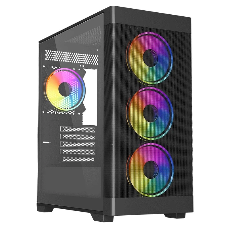 Vida Zephyr V2 Black ARGB Gaming Case w/Glass Window, Micro ATX, 4x ARGB PWM Fans, 6-Port ARGB Fan Hub & Remote Control, Mesh Front