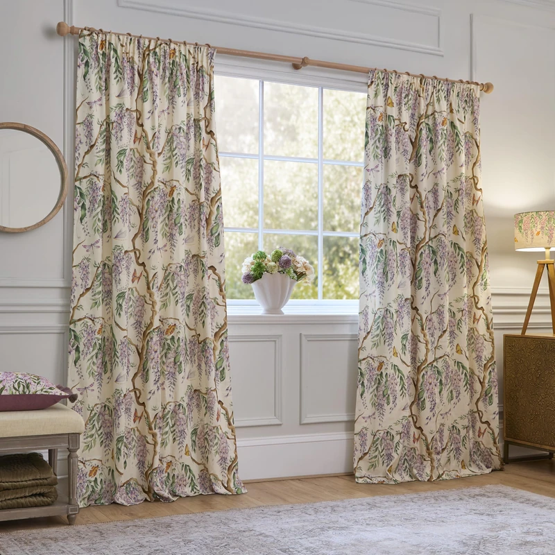 Voyage Maison Mariposa Pencil Pleat Curtain Pair – 100% Cotton Nature Inspired Butterfly Wisteria Floral Design (Purple - 117x183cm)