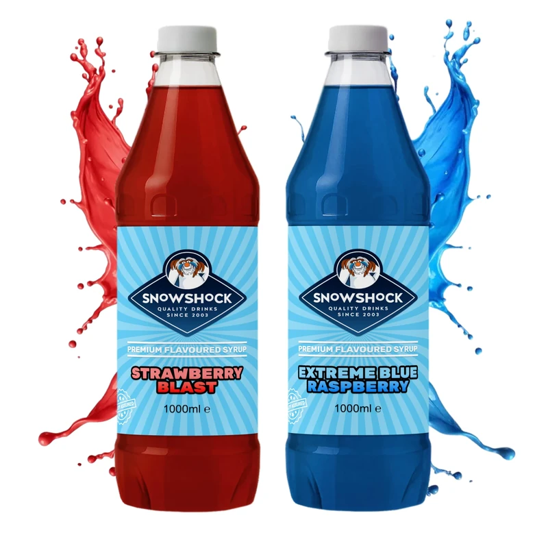 SnowShock Slush Syrup 1L Strawberry & Blue Raspberry 2x Pack | Slushy Concentrate Dilute for Ice Slushie Machine | Refreshing Frozen Drink Mix for Kids Parties, Cafes, Events & Food Vans | Vegan
