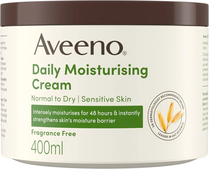 Aveeno Daily Moisturising Cream (1 x 400ml), Fragrance-Free Moisturiser, Long-Lasting 48 Hour Moisturisation, Body Cream with Nourishing Oat and Shea Butter for Healthy Looking Dry & Sensitive Skin