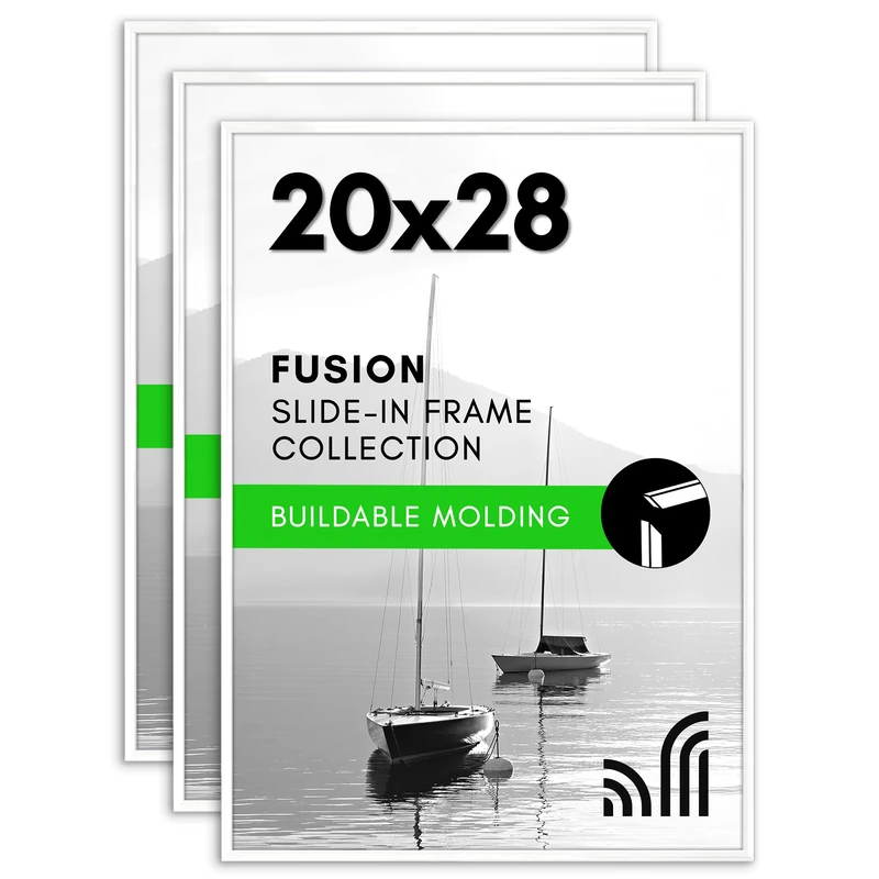 Americanflat 20x28 Picture Frame with Polished Front Cover - Set of 3 - Slide-In Photo Frame with Buildable Molding - Fusion Collection - Picture Frames for Wall Display - White