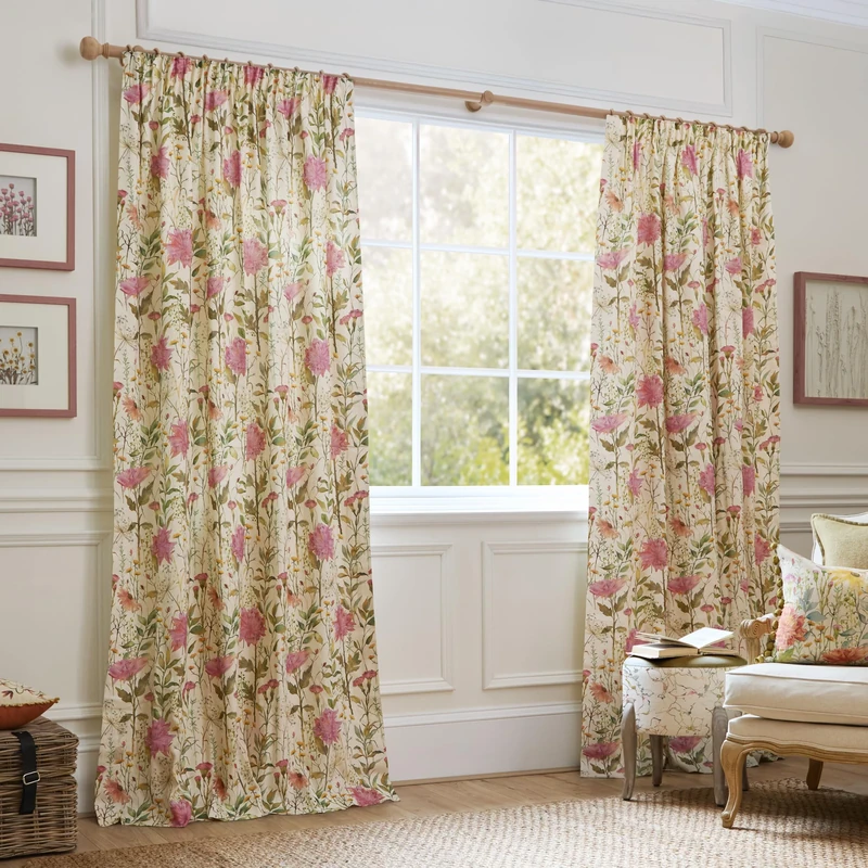 Voyage Maison Delamere Pencil Pleat Curtain Pair – 100% Cotton Country Floral Wildflower Design (Pink - 229x229cm)