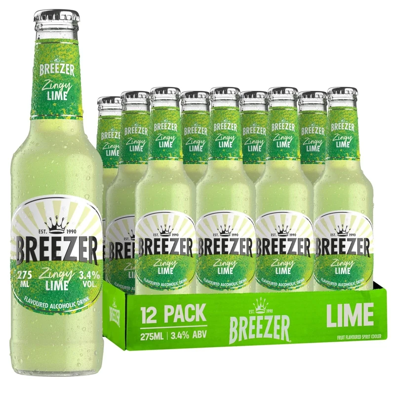 BREEZER Zingy Lime Flavoured Alcoholic Drinks, 3.4% vol., 27.5 cl / 275 ml (Pack of 12), Pre-Mixed Alcohol in Ready to Drink Bottles