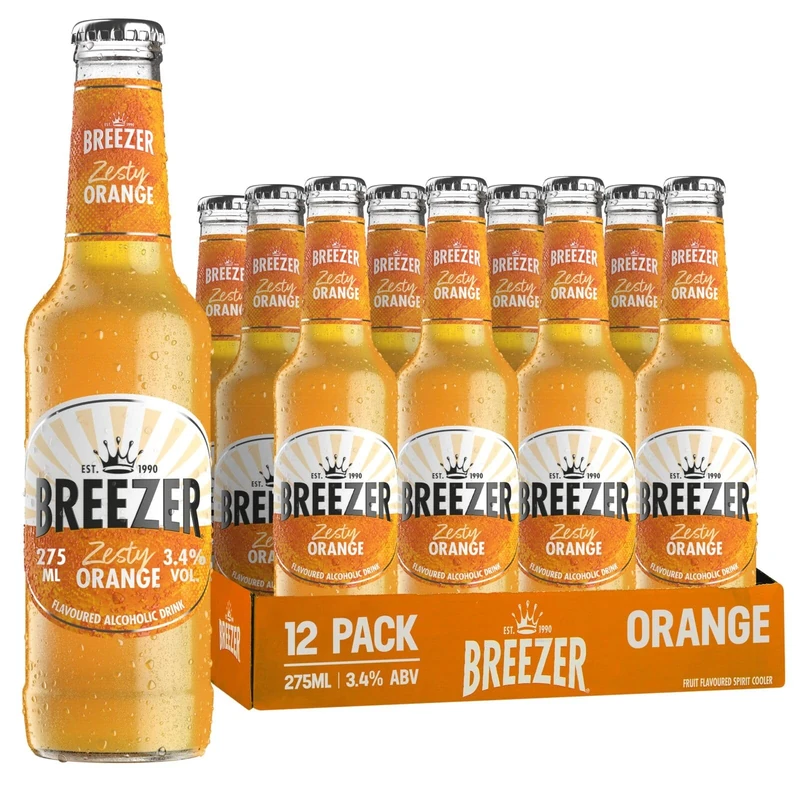 BREEZER Zesty Orange Flavoured Alcoholic Drinks, 3.4% vol., 27.5 cl / 275 ml (Pack of 12), Pre-Mixed Alcohol in Ready to Drink Bottles