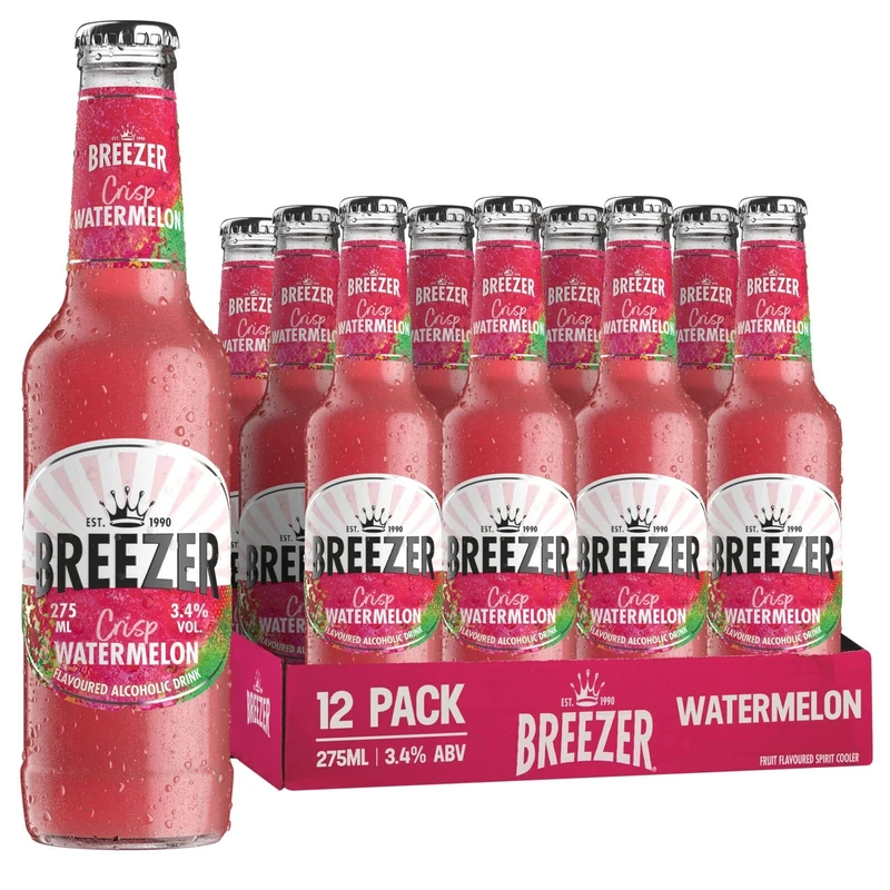 BREEZER Crisp Watermelon Flavoured Alcoholic Drinks, 3.4% vol., 27.5 cl / 275 ml (Pack of 12), Pre-Mixed Alcohol in Ready to Drink Bottles