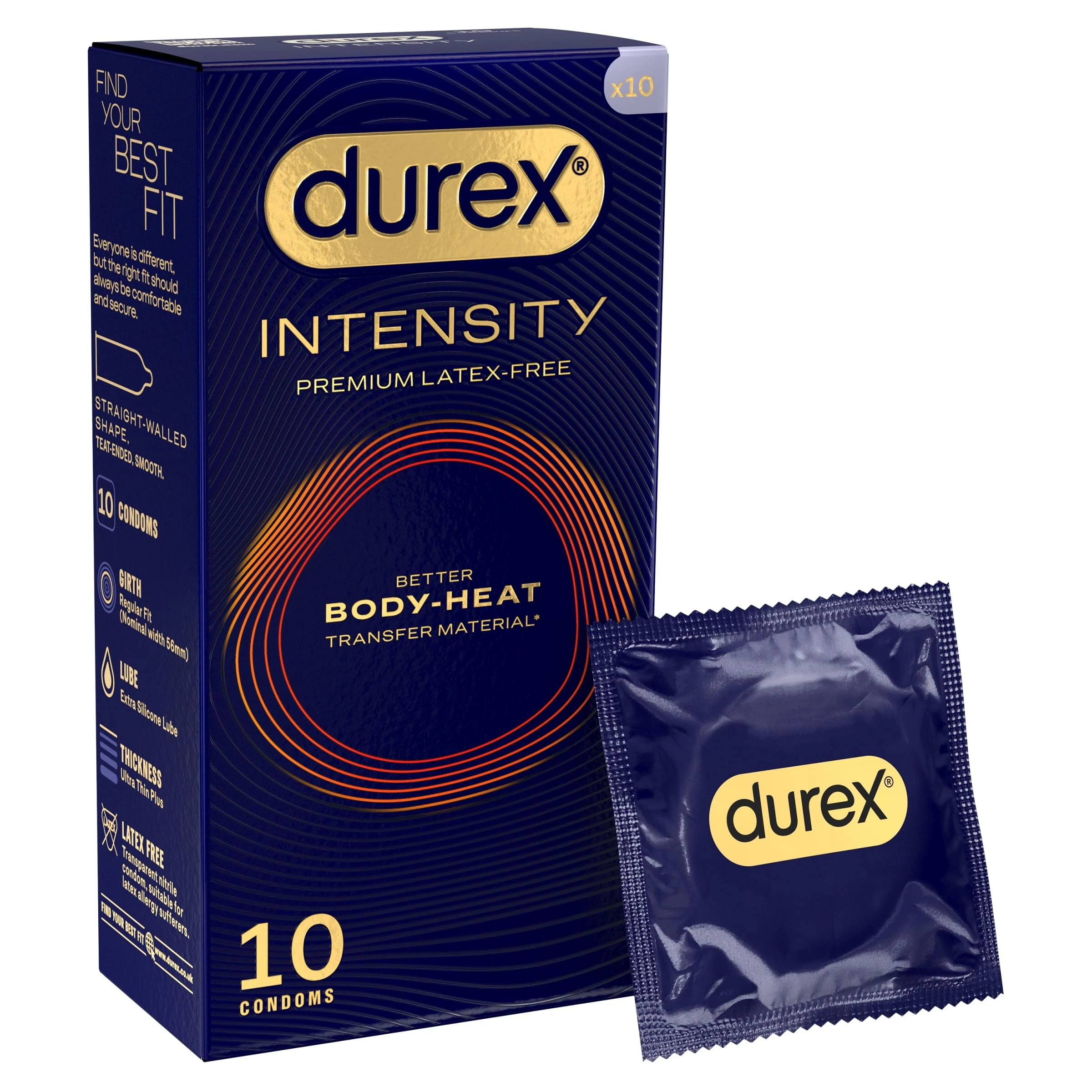 Durex Intensity Condoms, 10s, Regular Fit, Better Body Heat Transfer, Latex Free, Ultra Thin Plus, Our Thinnest Condom Yet, Transparent, Moulds to Your Shape