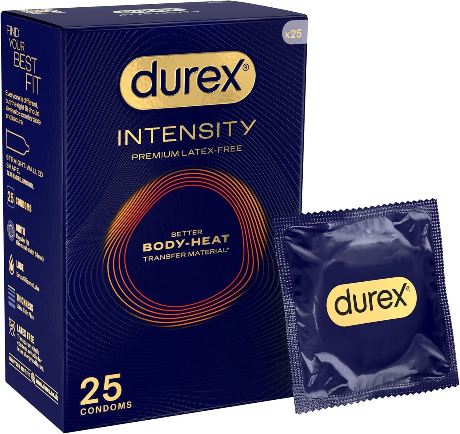 Durex Intensity Condoms, 25s, Regular Fit, Better Body Heat Transfer, Latex Free, Ultra Thin Plus, Our Thinnest Condom Yet, Transparent, Moulds to Your Shape