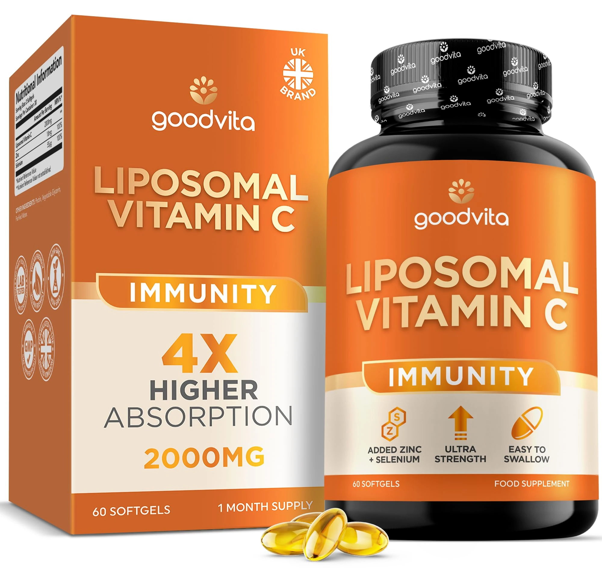 Goodvita Liposomal Vitamin C Softgels 2000mg | 60 Softgels, 1 Month Supply | Added Zinc + Selenium | UK Formulated | Ultra Strength 4X Higher Absorption | Immunity, Energy + Skin | Easy to Swallow