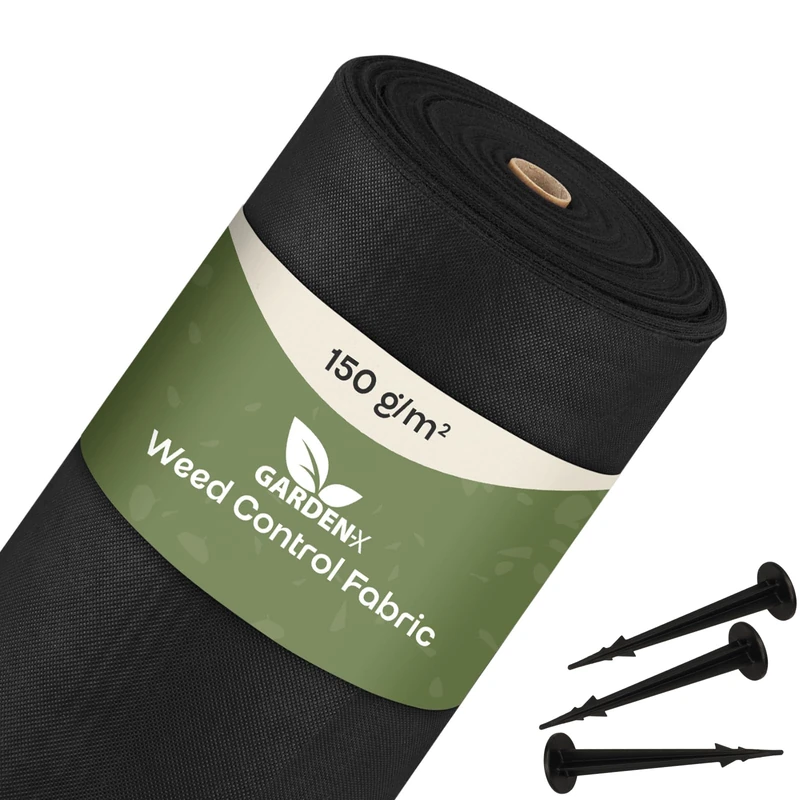 GARDENIX 100 m² Weed Control Fabric with 50 Ground Anchors 100 m² (2 m x 50 m) Water Permeable 150 g/m² Black UV-Resistant Film Fleece Raised Bed Weed Control Film Garden Tiles Flower Bed Film Plant