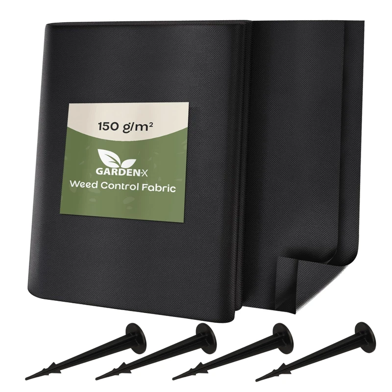 GARDENIX 32 m² Weed Control Fabric with 50 Ground Anchors 32 m² (3.2 m x 10 m) - Water Permeable 150 g/m² - Black UV-Resistant Film Fleece Raised Bed Weed Control Film Garden Tiles Flower Bed Film