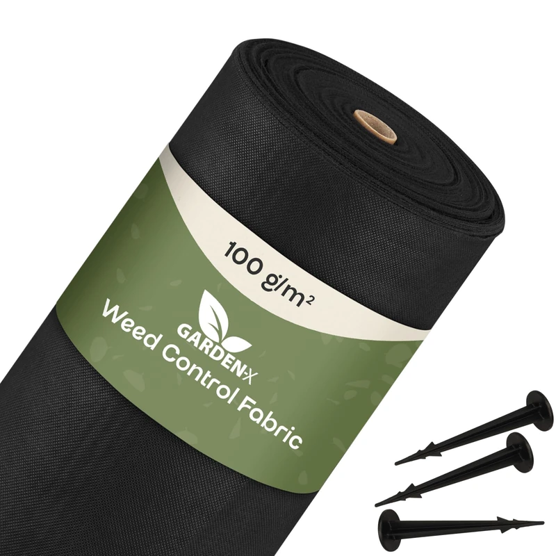 GARDENIX 200 m² Weed Control Fabric with 50 Ground Anchors 200 m² (2 m x 100 m) - Water Permeable 100 g/m² - Black UV-Resistant Film Fleece Raised Bed Weed Control Film Garden Tiles Flower Bed Film