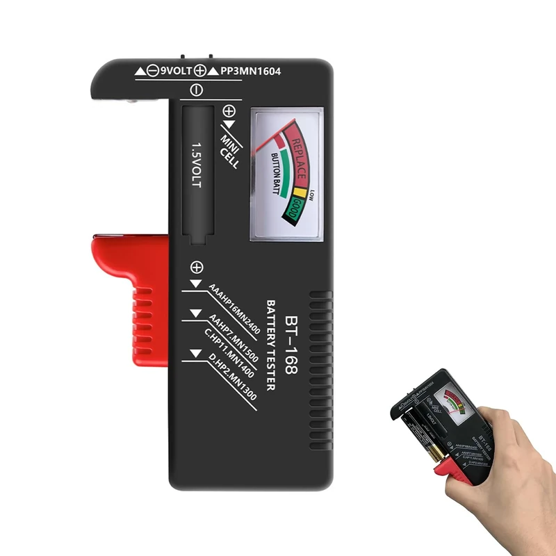Universal Battery Level Tester, No Batteries Required, Tests AAA, AA, C, D, 9V and 1.5V Button Cell Batteries