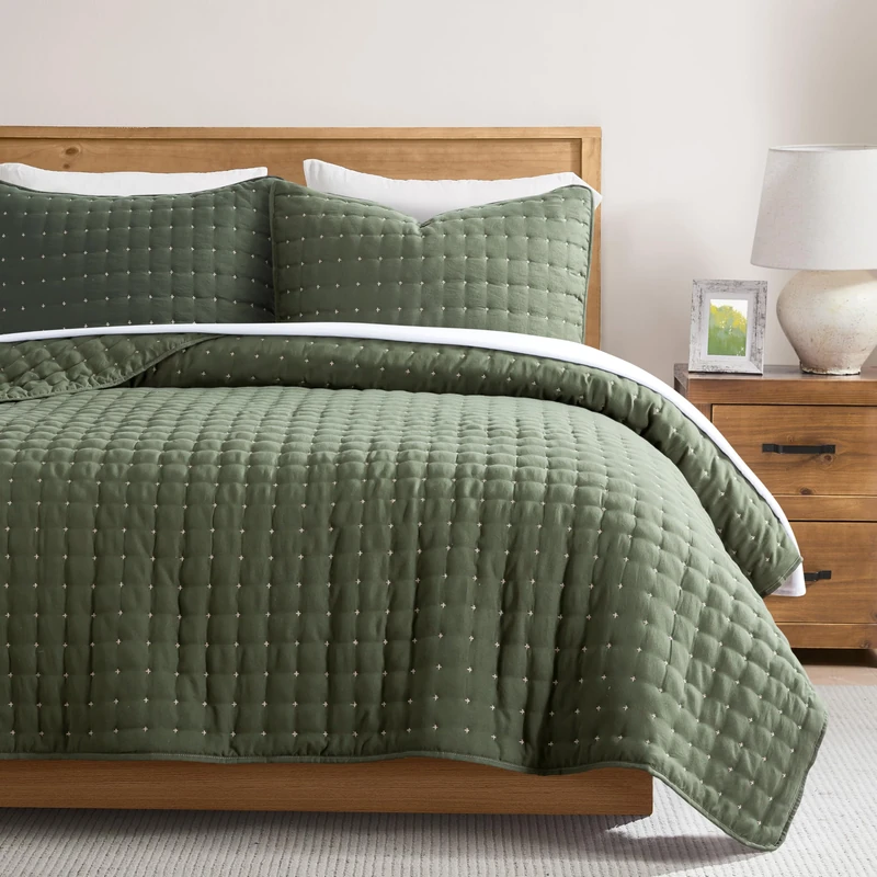 WDCOZY Twin Quit Size Bedding Sets with Pillow Sham, Lightweight Soft Bedspread Coverlet, Quilted Blanket Thin Comforter Bed Cover for All Season, 2 Pieces, 68x90 inches, Moss Green