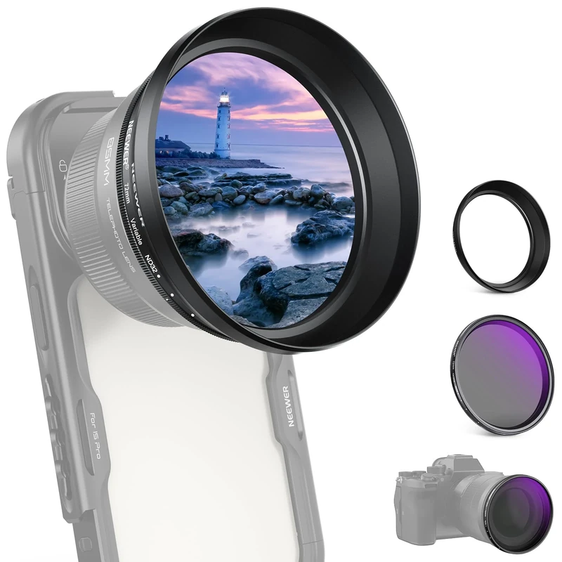 NEEWER 72mm Variable ND Filter with 77mm Lens Hood Shade, ND2-32 1-5 Stops Adjustable Neutral Density Filter for NEEWER 85mm Telephoto Phone Lens & 72mm Camera Lens, FL-99