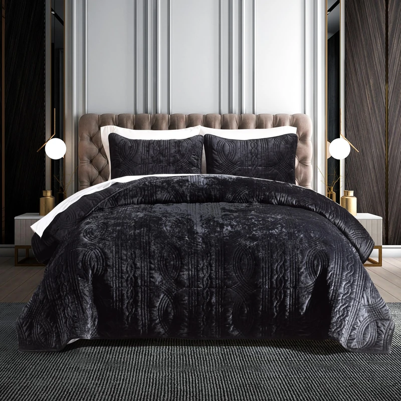 Homzard Velvet Quilt Set King Size, Black Velvet Comforter Set, Bedspread Coverlet Quilted Bedding Set, for All Season