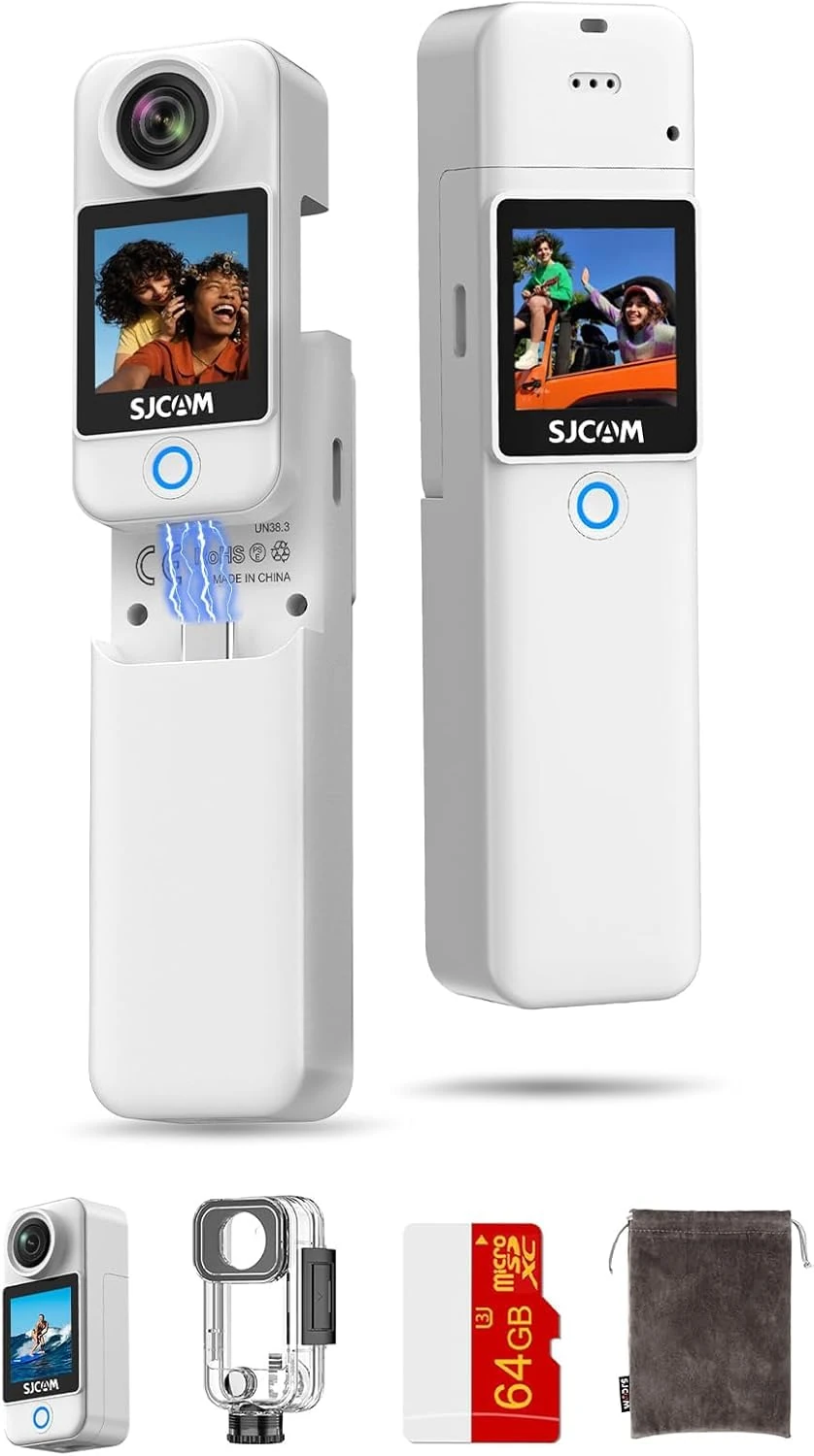 SJCAM C300 4K Vlogging camera for Youtube Handheld Action Camera,7Hour Power,170° Wide FOV Video Recording,6-Axis Stabilization,Dual-Touch Screen Body Camera,30M Waterproof,WHite 64G card