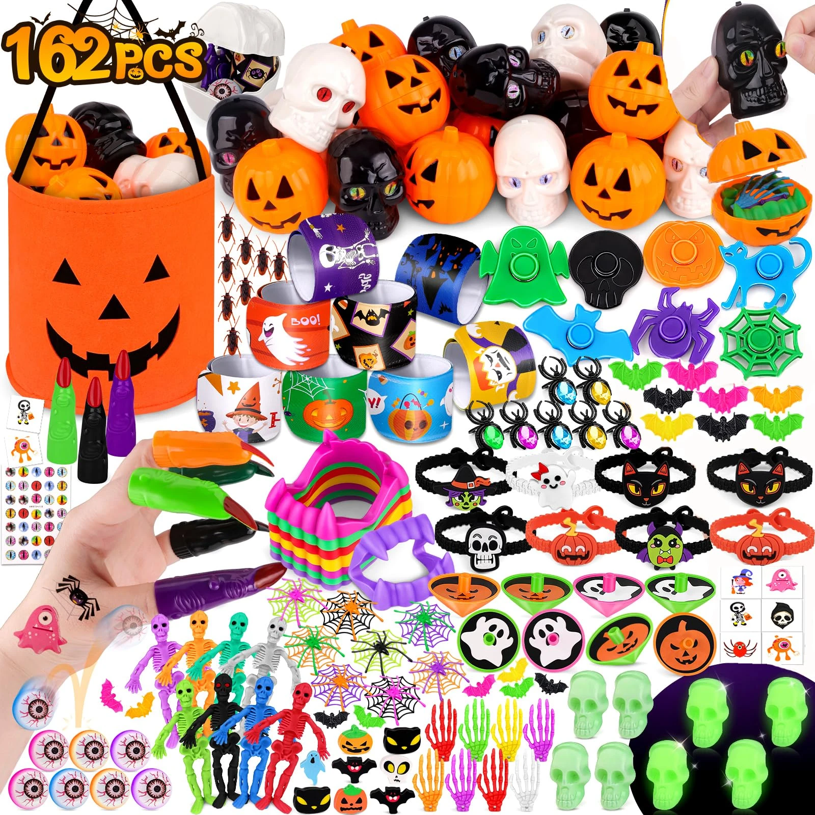 162PCS Halloween Toys for Kids Party Bag Fillers, 24 Pack Prefilled Pumpkins Skull Bulk 17 Kinds of Toys & Pumpkin Trick or Treat Bag, Gift Set for Halloween Game Prizes Party Favours for Children