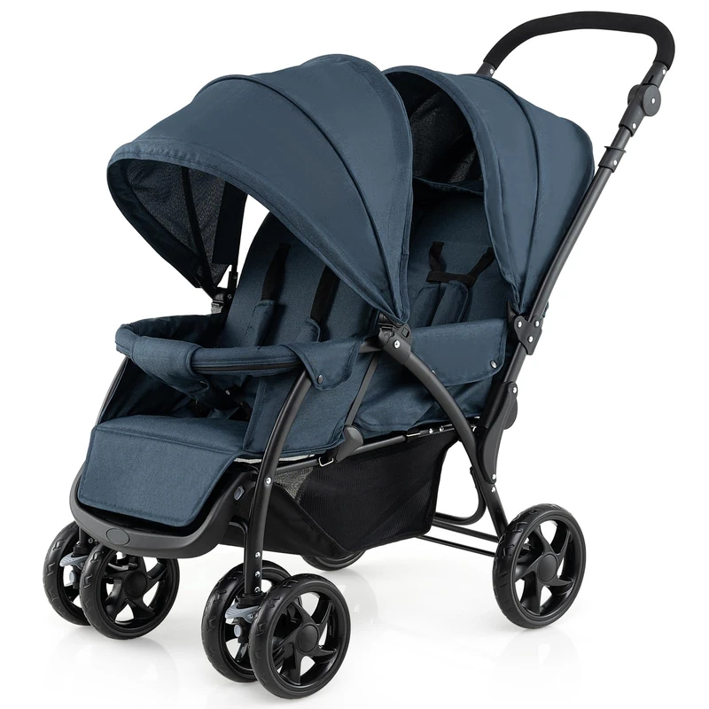 GYMAX Double Seat Stroller with Adjustable Push Handle, Detachable Canopy and Foot Rest, Foldable Baby Pushchair Buggy for Traveling, Going Shopping & Hanging Out (Navy)