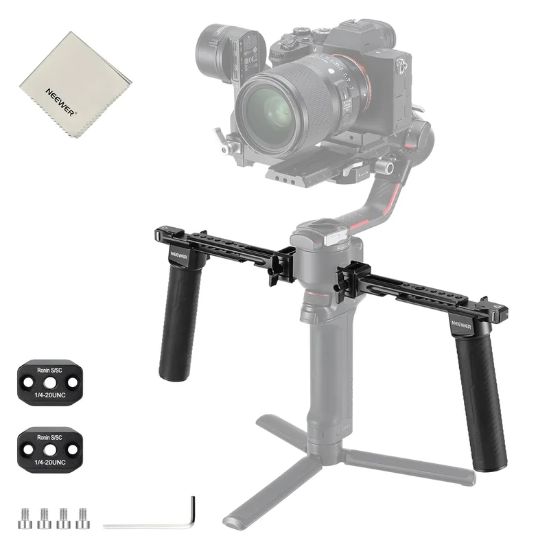 NEEWER GA006 Dual Handgrip Compatible with DJI RS4 RS4 Pro RS3 RS3 Pro RS2 RSC2 Ronin S SC Gimbal, Dual Handle Kit with 2 Mini NATO Rails, NATO Clamps, 1/4" & 3/8" Threads, 1x Cleaning Cloth
