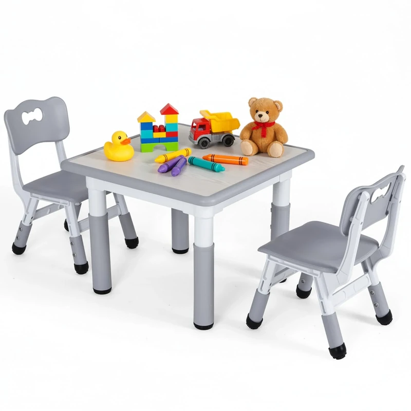 Clevich Kids Table with 2 Chairs, Children's Seating Height Adjustable, Painting Table Chair Set, Children's Furniture for Playroom, Nursery and Study Room, Square Table for Boys & Girls from 3 years